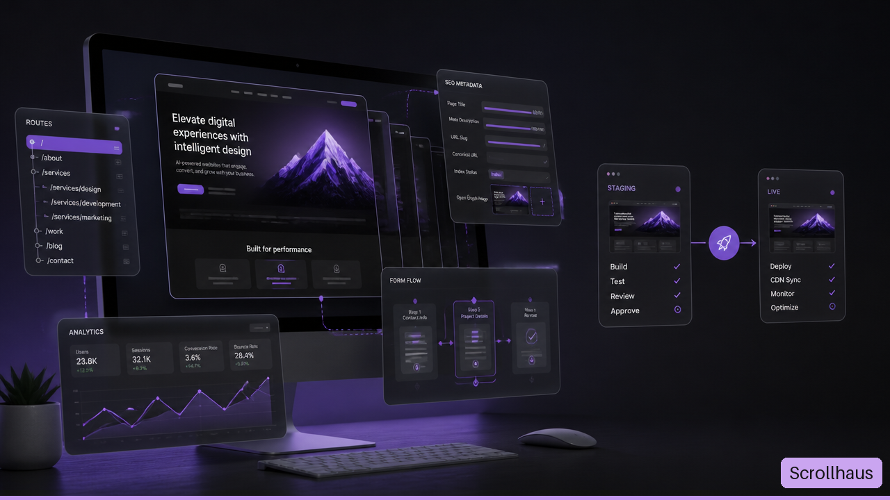 AI-generated conceptual illustration: Illustration of an AI assisted website redesign workflow with route mapping, forms, analytics, and staging review.