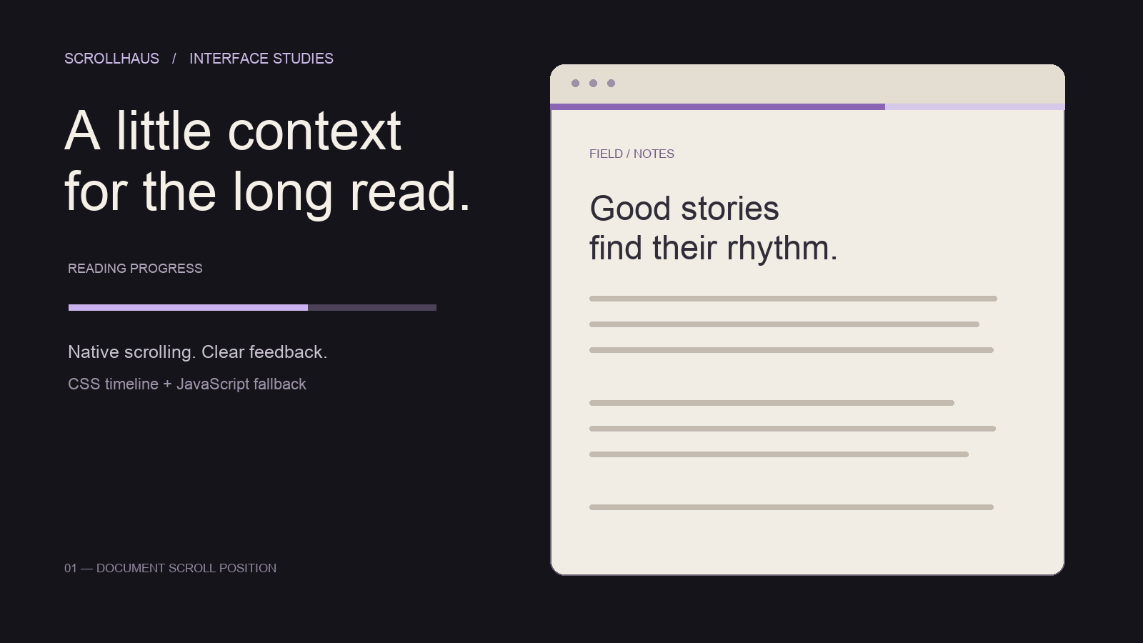 Original reading-progress diagram showing a lavender position bar above an editorial article