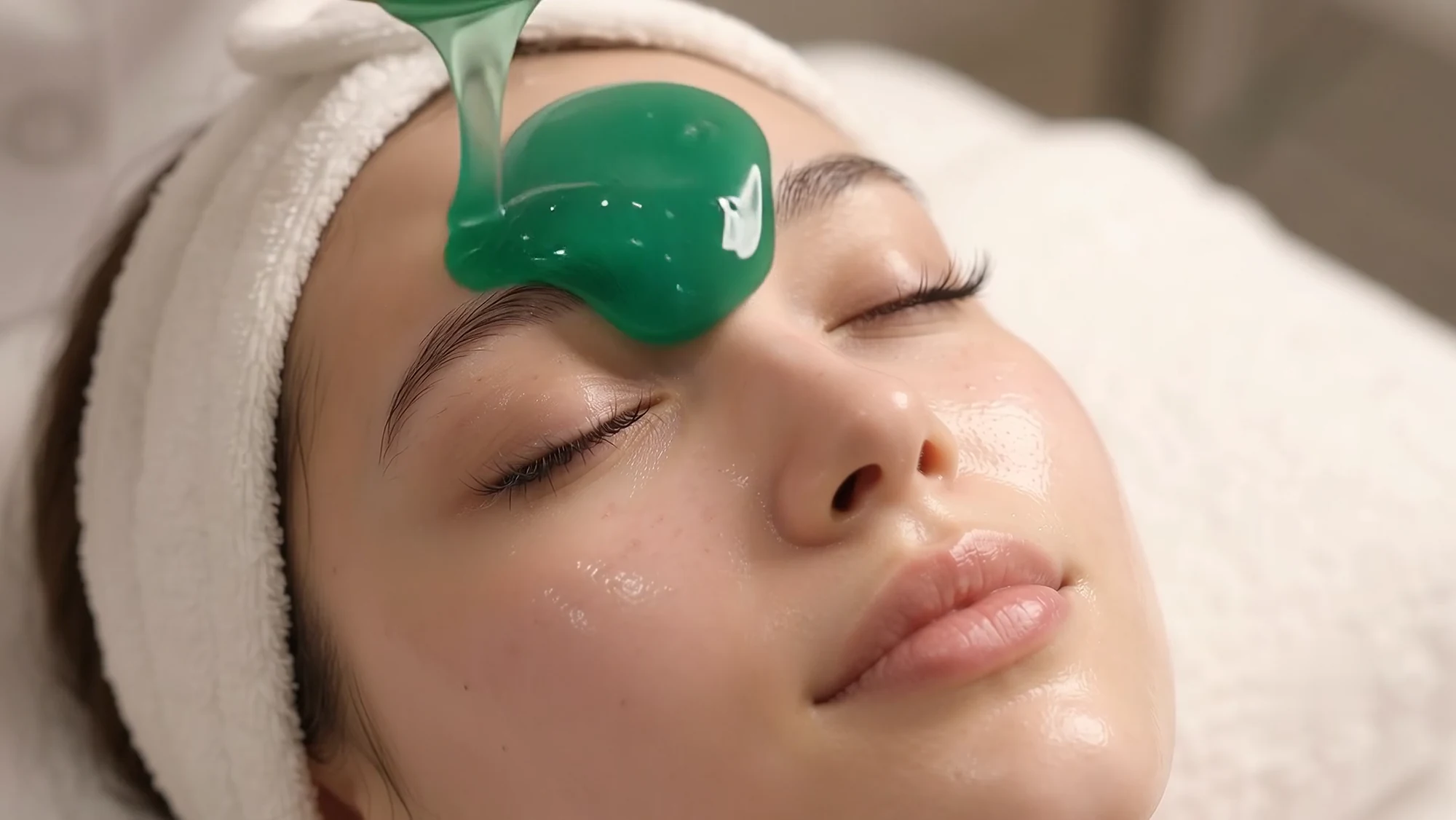 Green botanical mask applied to a resting face