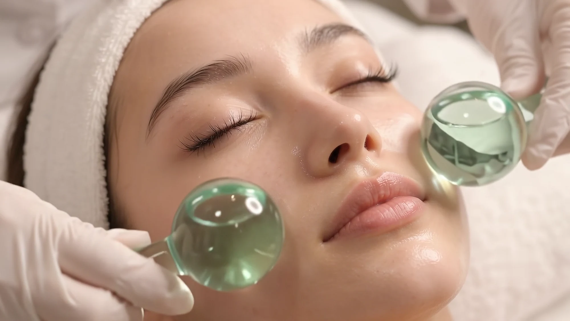 Cooling glass globes moving over a freshly cleansed face