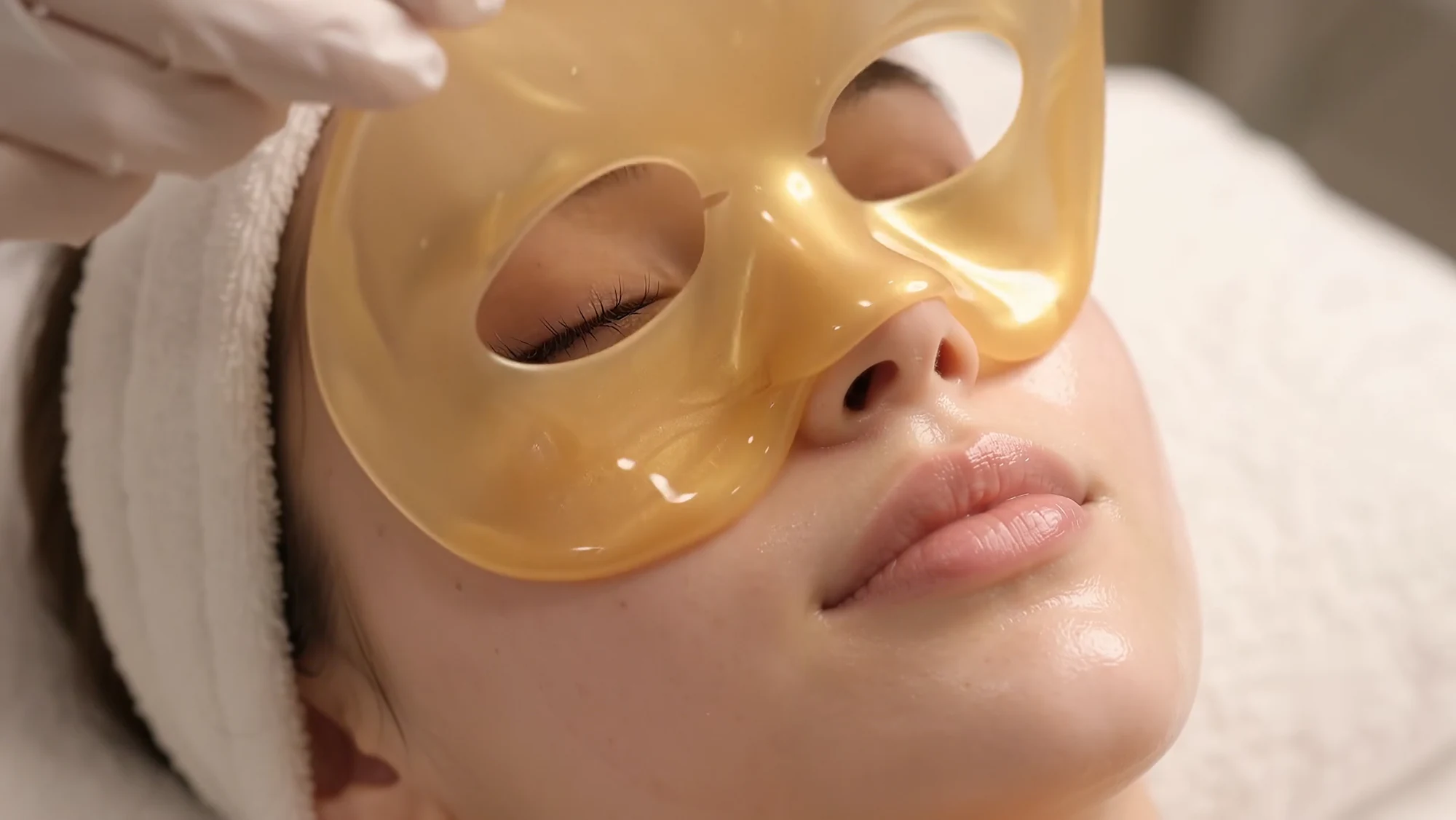 Luminous gold facial mask resting on the skin