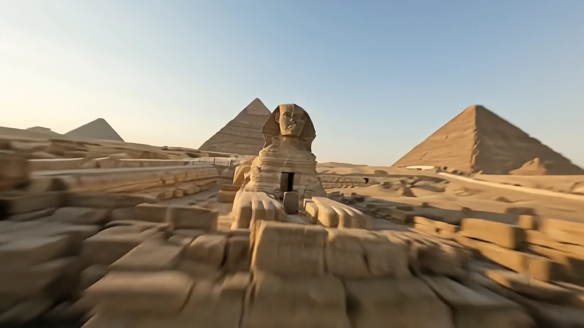 The Great Sphinx seen low over the water with a pyramid behind