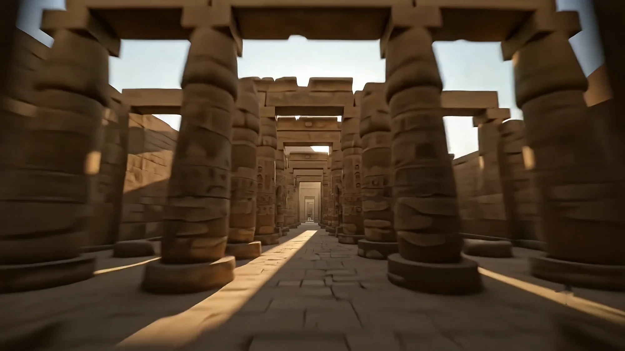A forest of giant sandstone columns in a temple hall