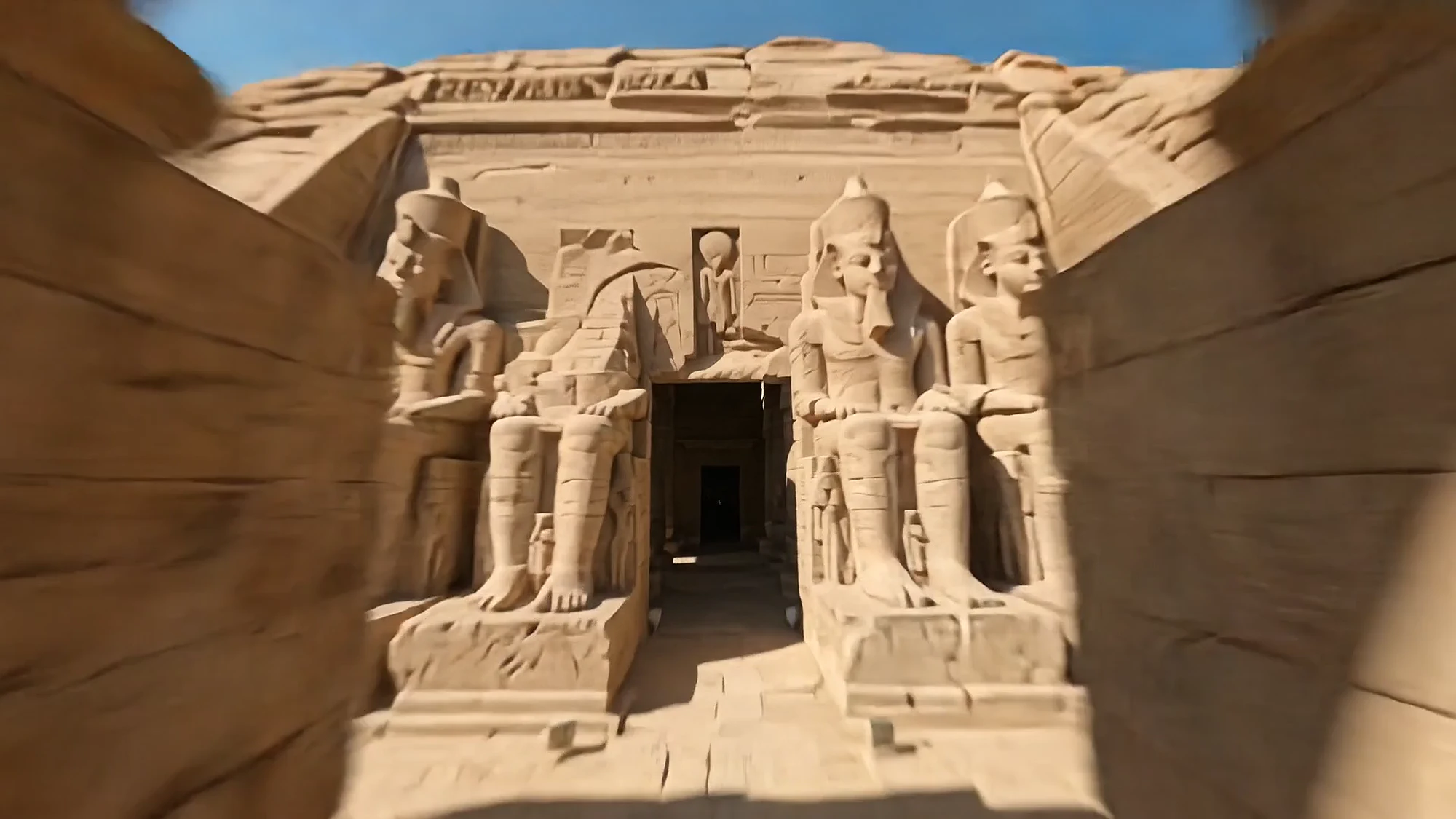 Seated stone colossi flank a temple doorway