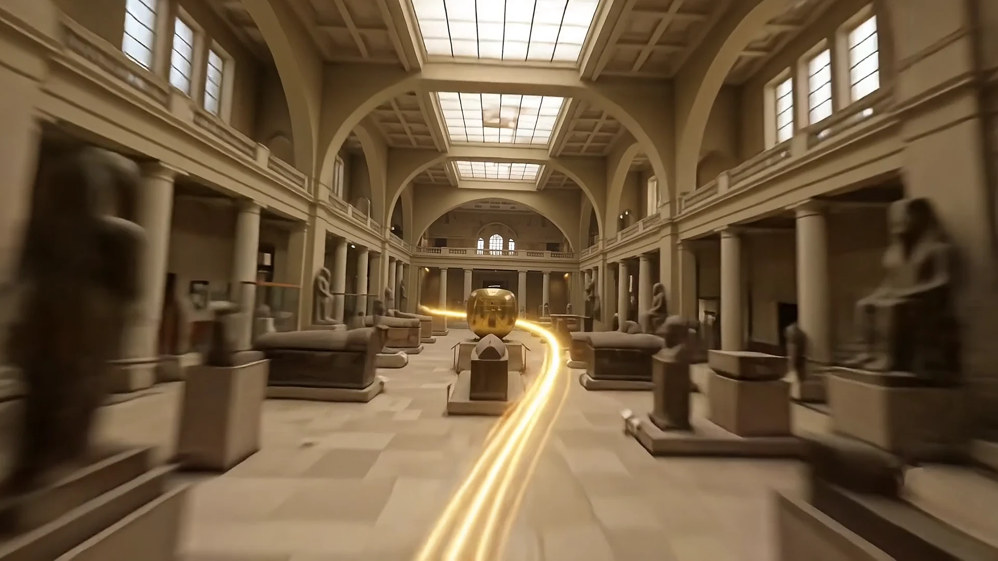 A grand museum hall with a glowing golden orb
