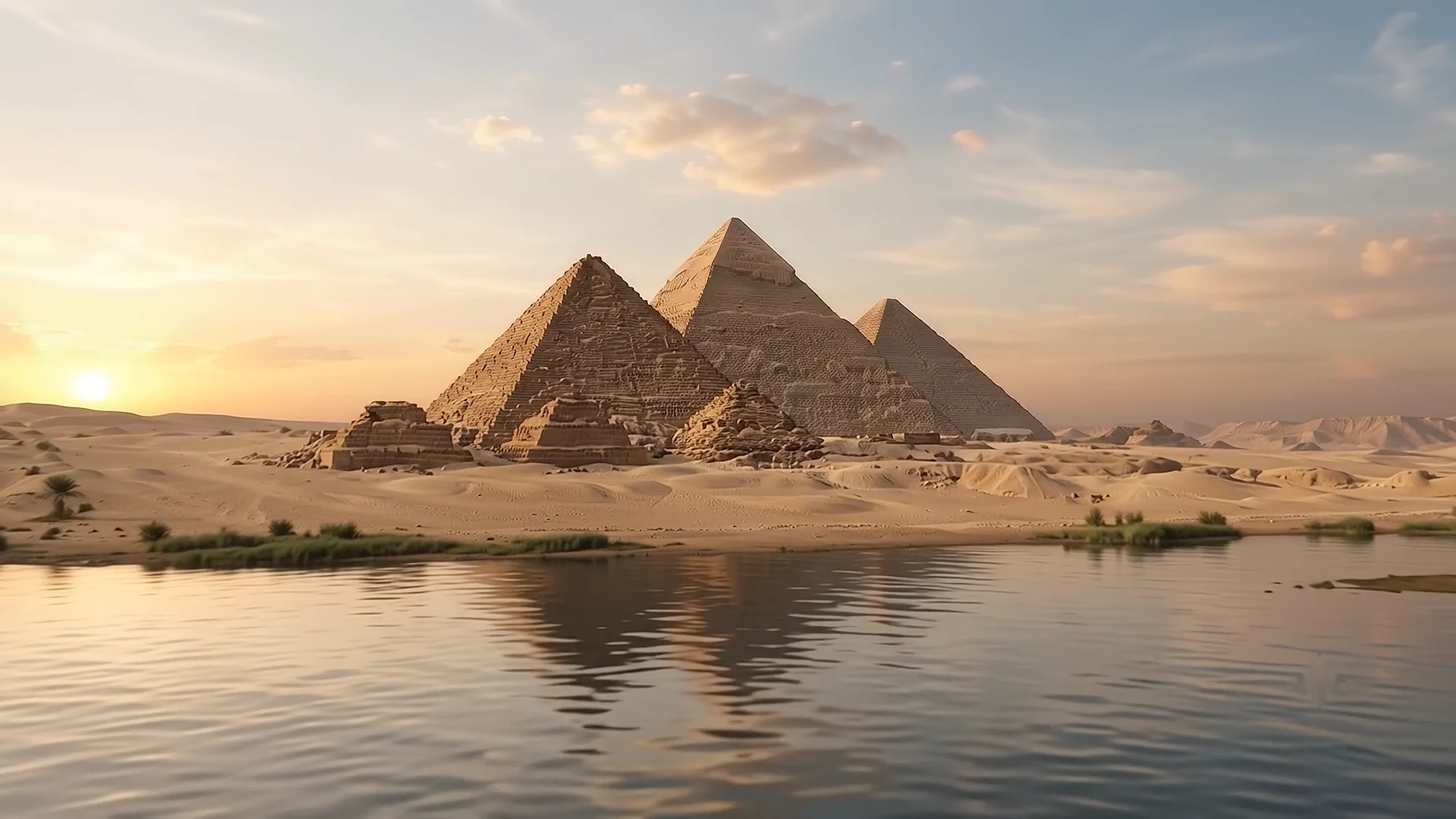 The three pyramids of Giza at sunset across the Nile
