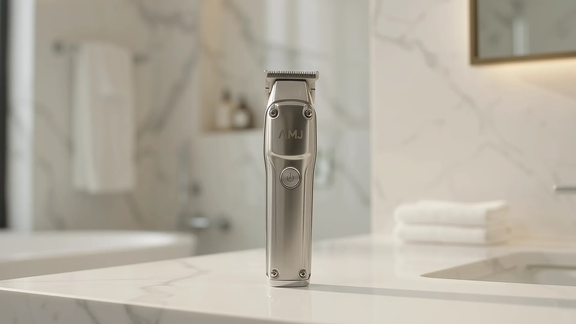 The AMJ Pro trimmer standing upright on a marble counter in a bright bathroom