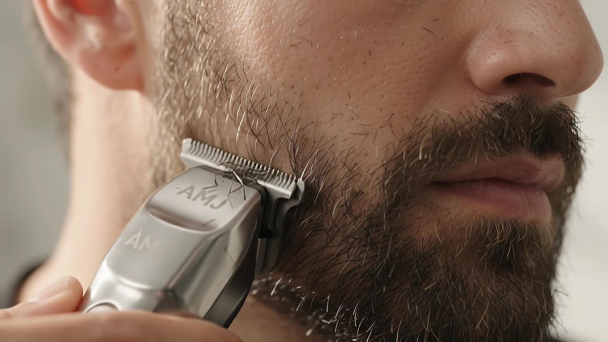 The trimmer shaping the jawline on a short beard