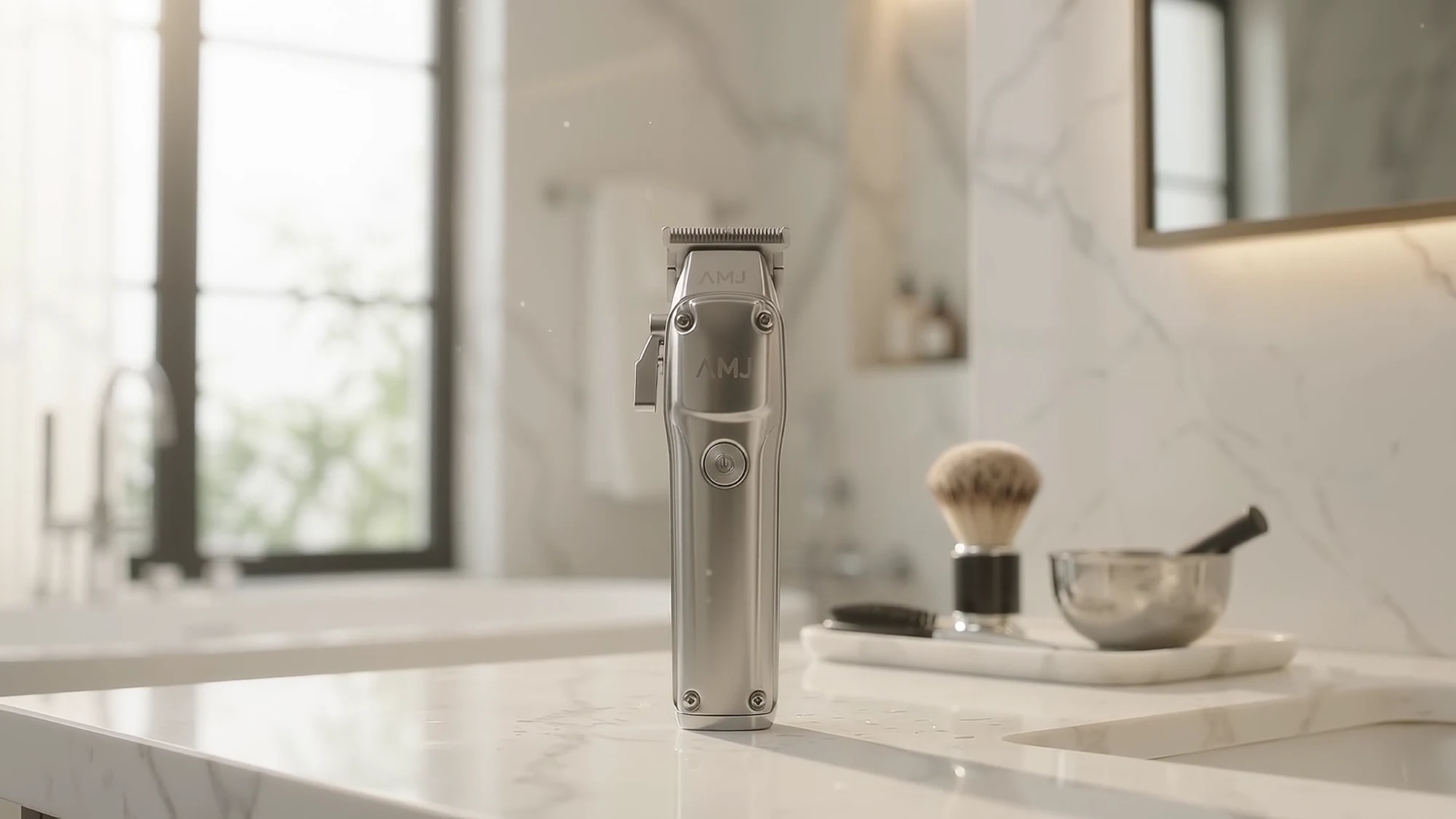 The AMJ Pro standing beside a shaving brush and bowl