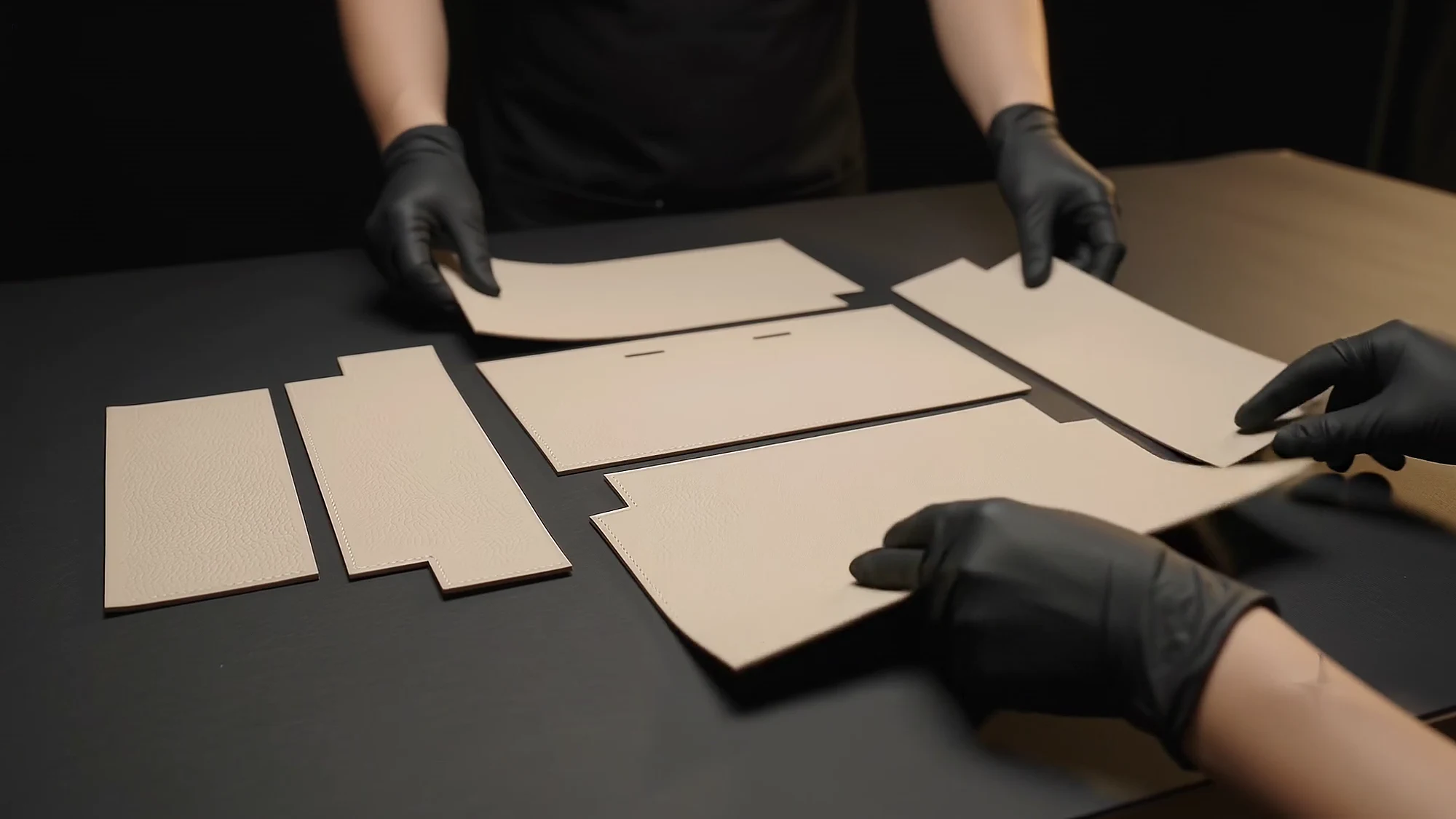 Gloved hands lay out nine flat pieces of taupe leather on a dark bench