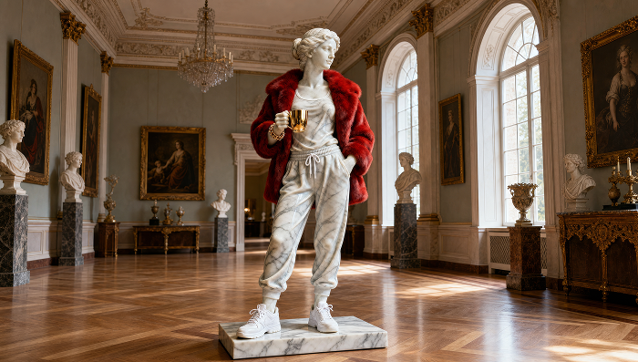 A vivid red fashion look inside a classical gallery