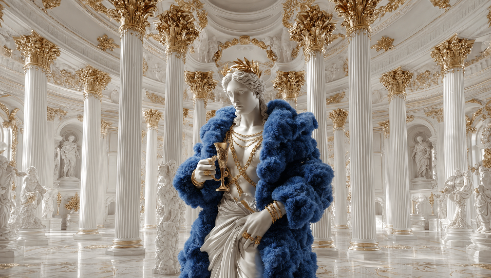 A blue fashion look in a grand marble hall