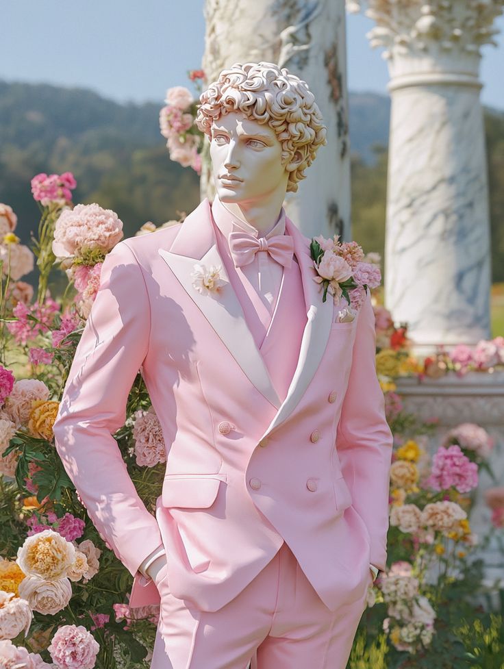 A figure in a pale pink suit stands among garden foliage
