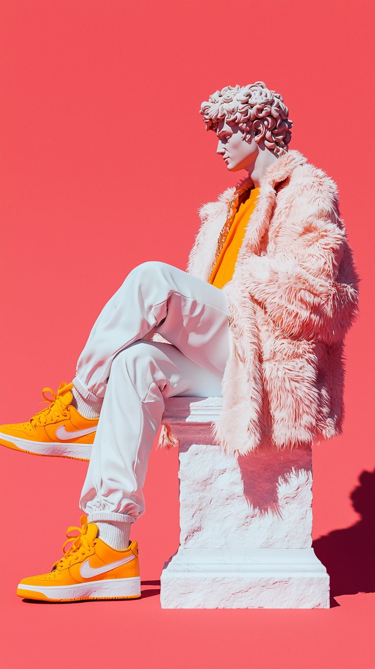 A sculptural figure wears a textured pink coat against a warm backdrop