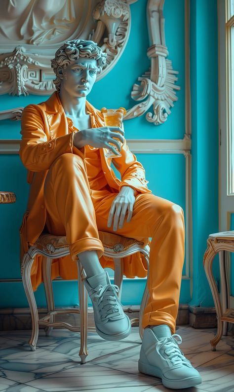 A classical figure wears orange streetwear against a teal backdrop