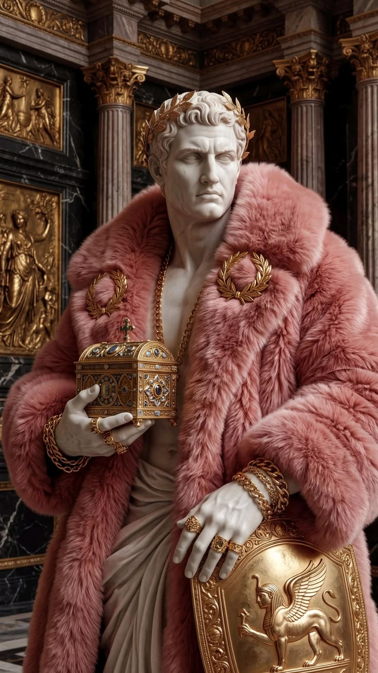 A regal portrait wearing rich burgundy and pink textures