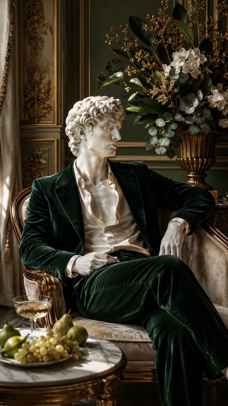 A sculptural figure in dark green tailoring inside a classical room