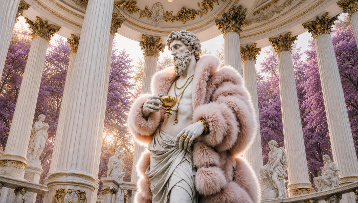 Sculptural figure in a pink coat at the pavilion