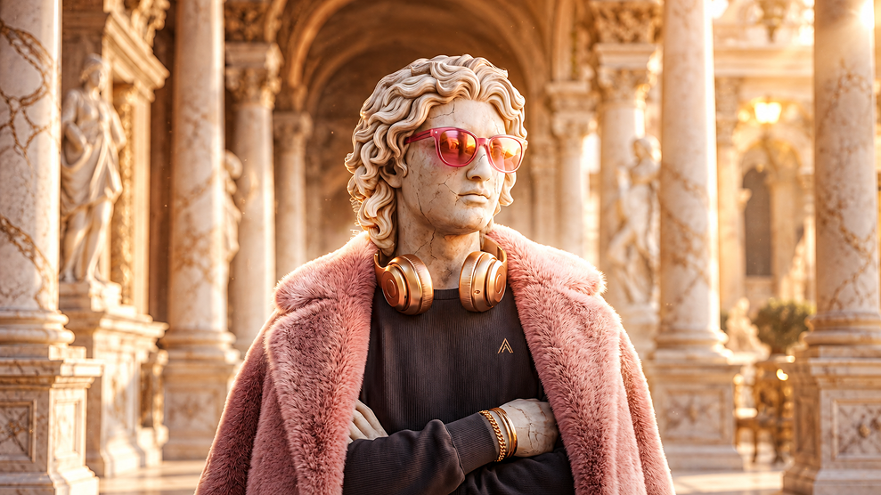 Sculptural figure in a pink coat within a classical pavilion