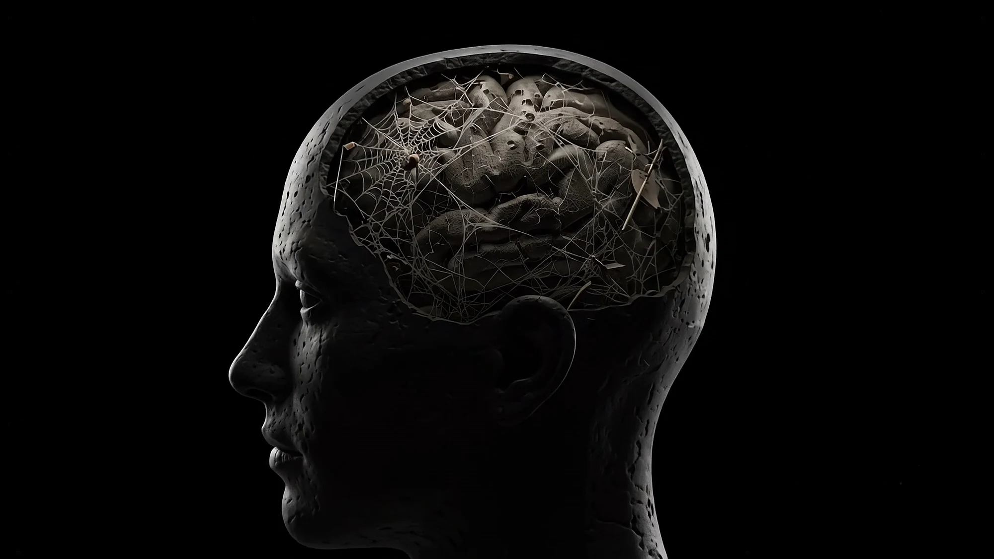 A glass head holding a glowing brain in the dark, before the practice begins