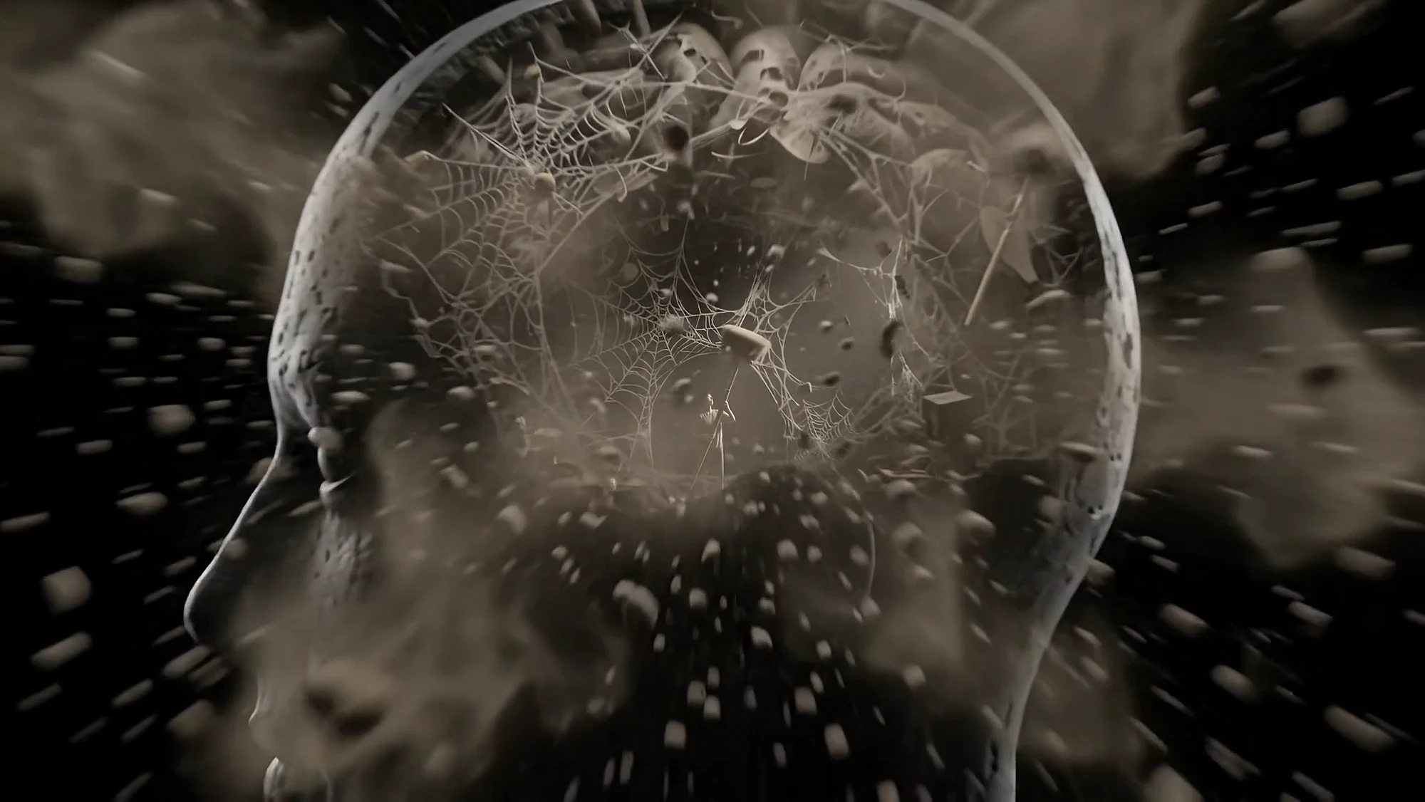 The brain bursts into dust and fragments