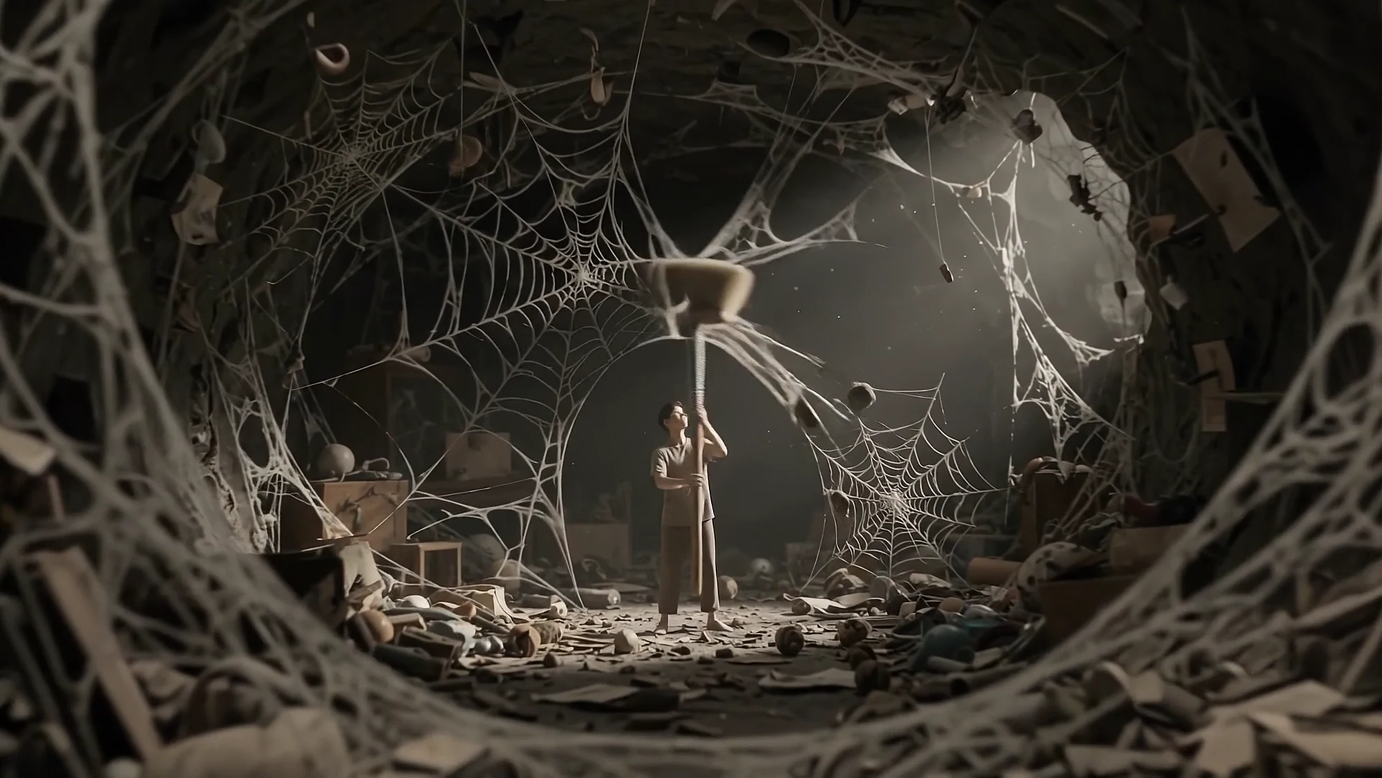 Inside the mind: a cave of cobwebs and stacked boxes, lit by one soft beam