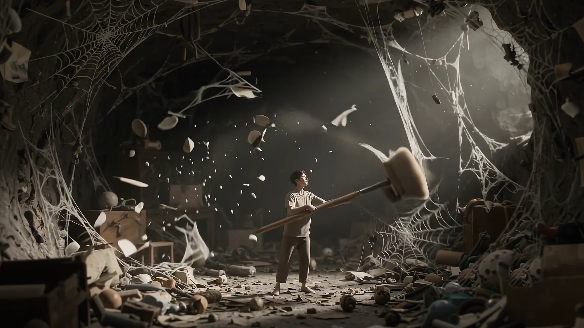 The figure raises a long brush toward the cobwebs