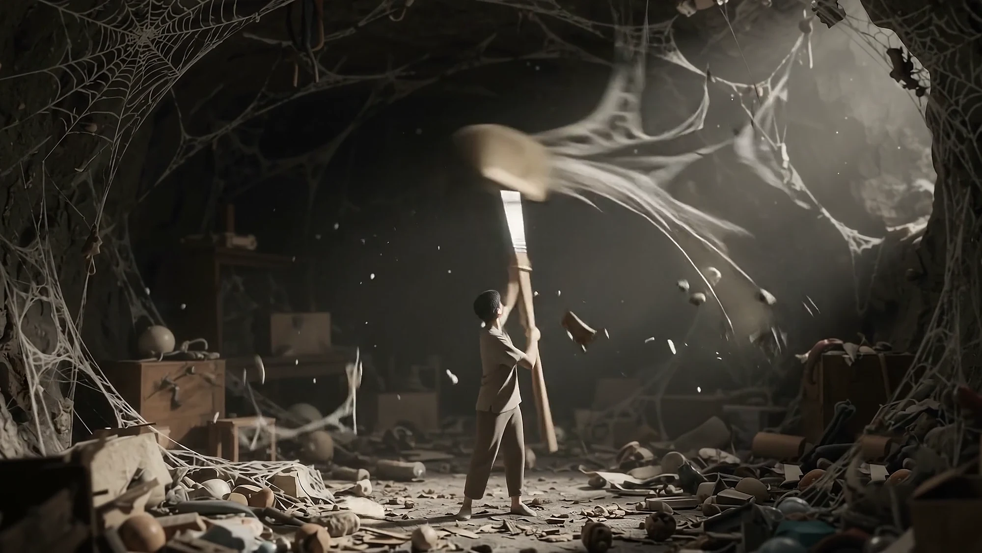A person sweeps cobwebs and debris away with a long brush as light falls through the room