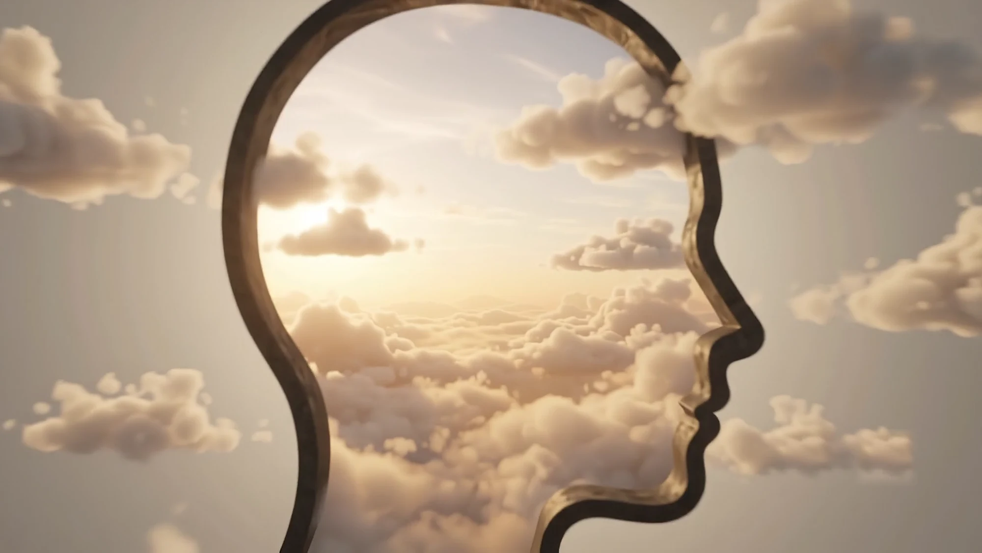The outline of a head filled with clouds and a rising sun