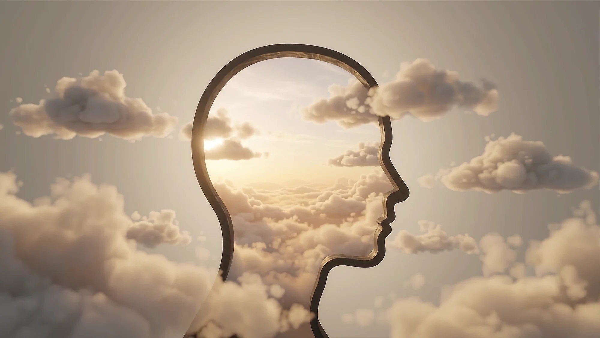 A calm head in profile with a golden sun above a sea of clouds
