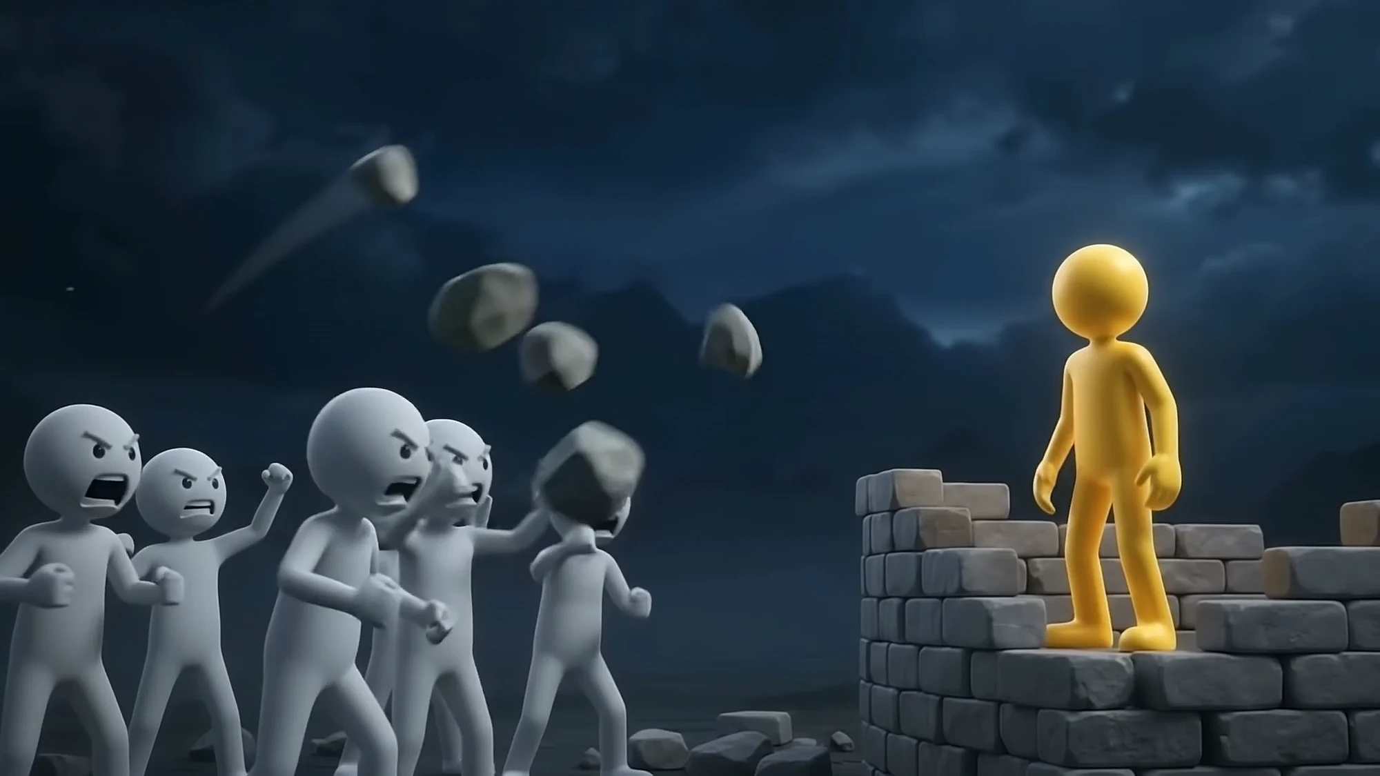 A crowd of grey figures throw stones at a gold figure standing on a stone wall