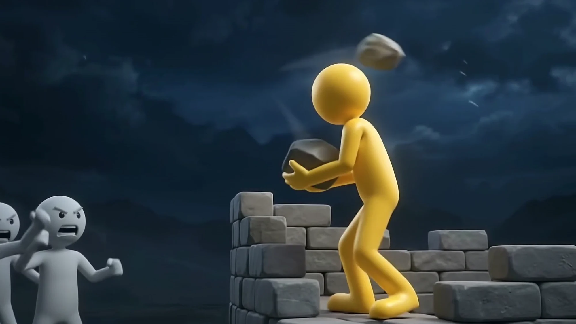 The gold figure holds a stone in both hands