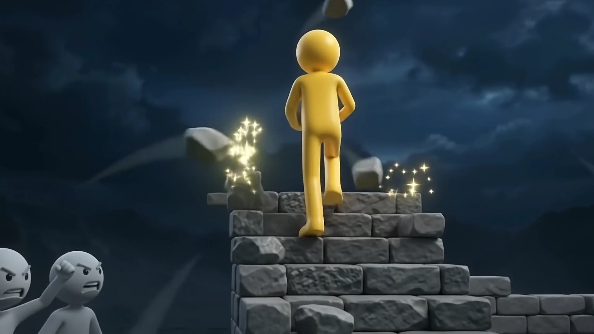 The wall rises in a shower of gold sparks