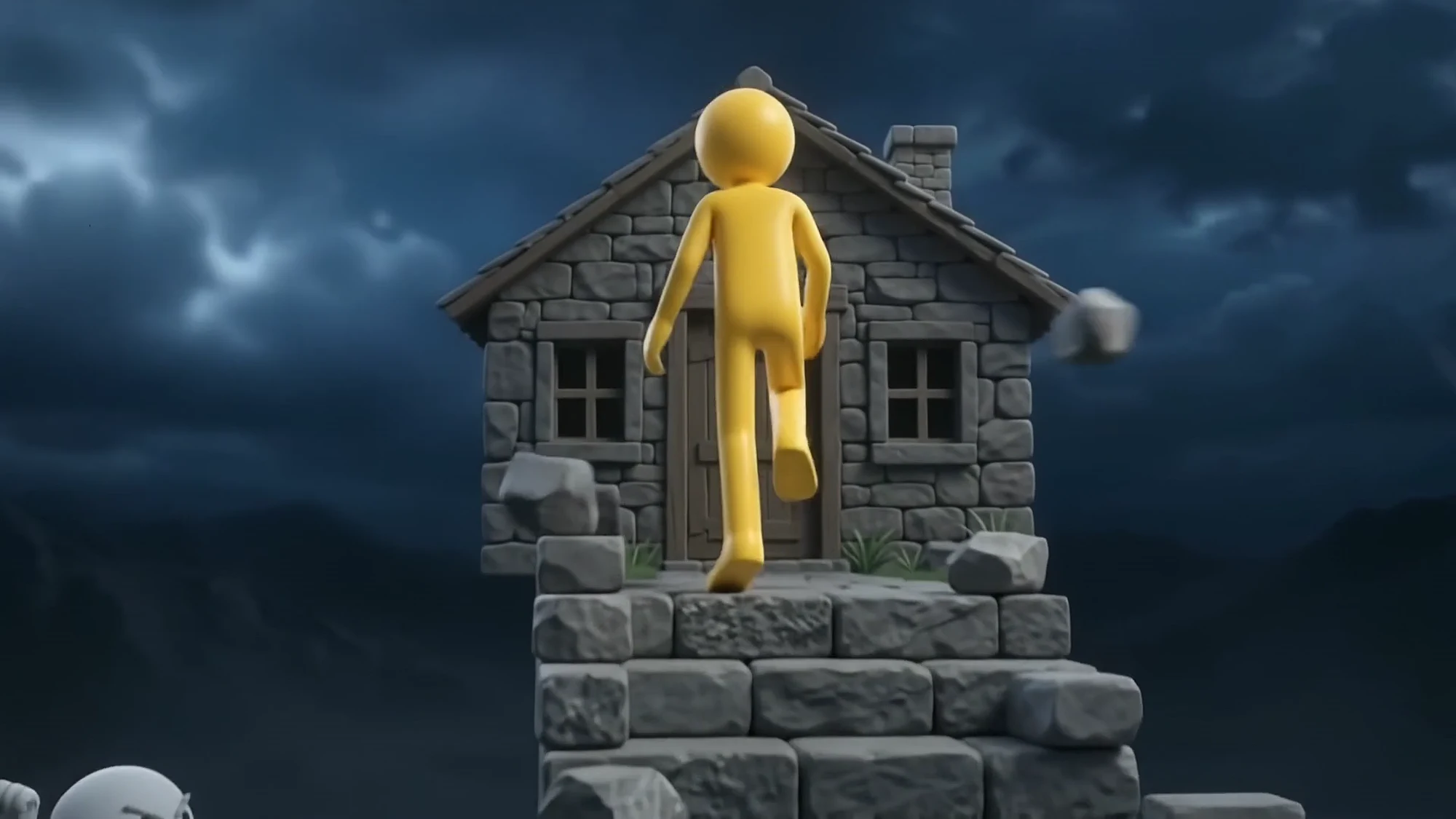 The figure builds a taller wall with windows from the stones