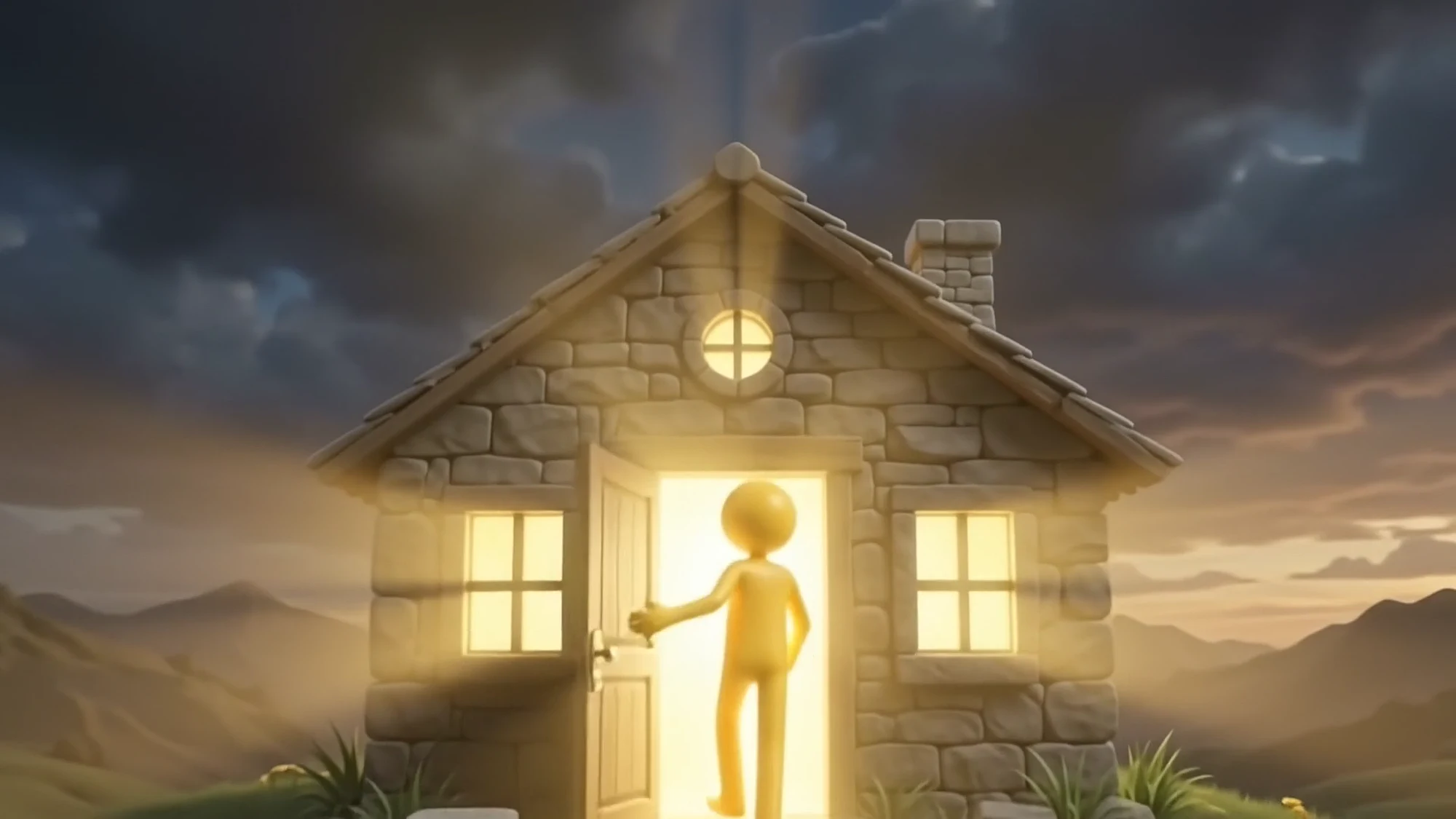 The figure opens the glowing door of the finished stone house