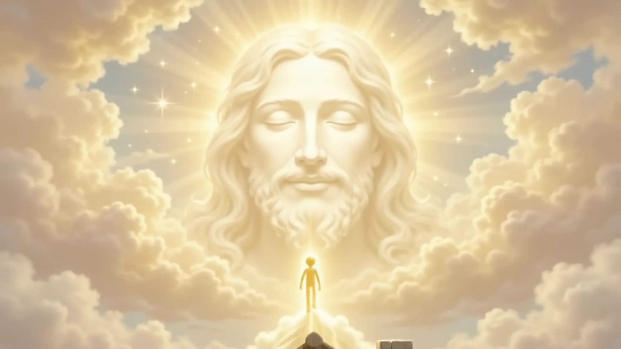 A tiny gold figure on the roof beneath a glowing sky