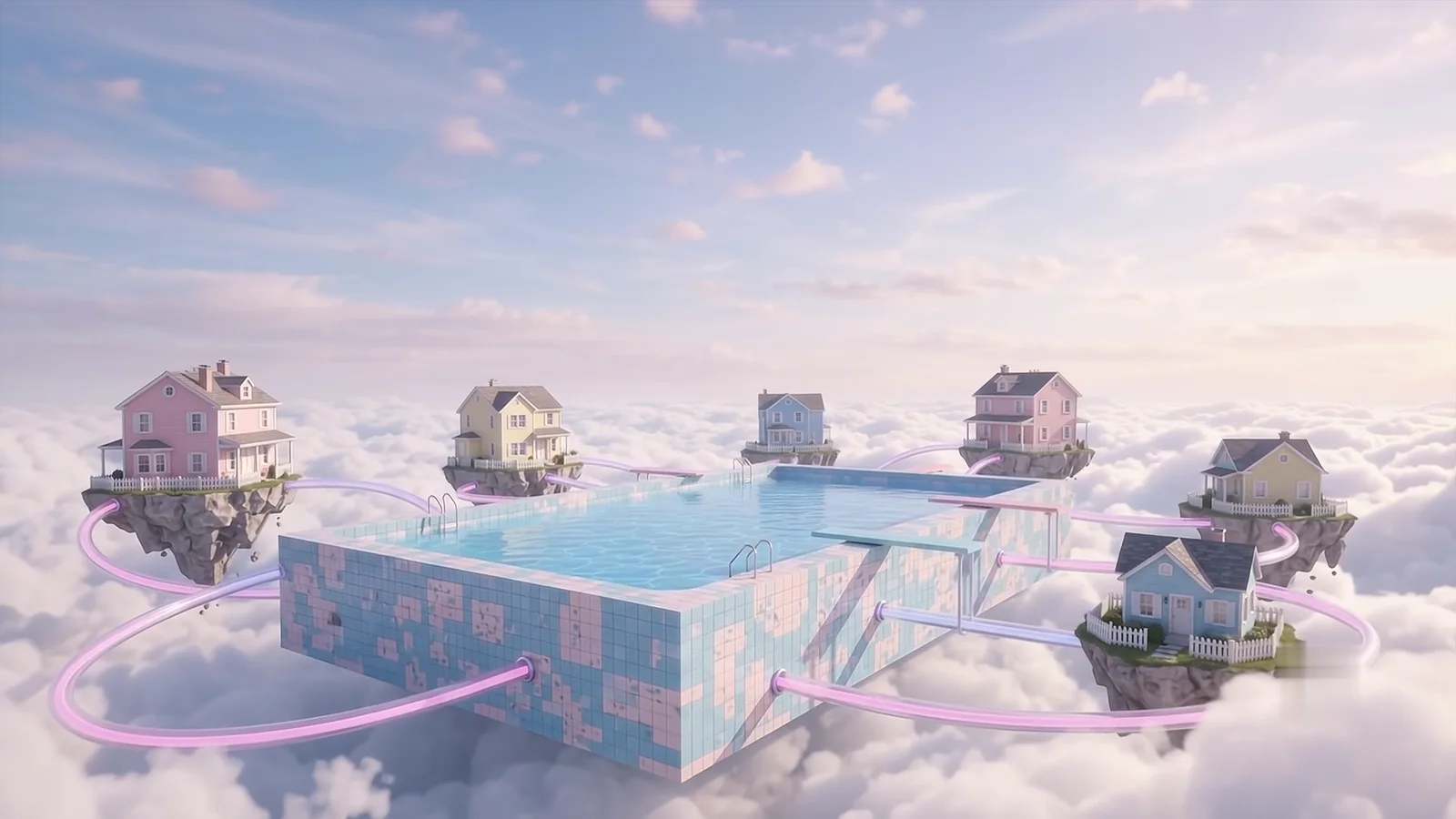 The pool and its houses seen from further off as the sky turns pale gold