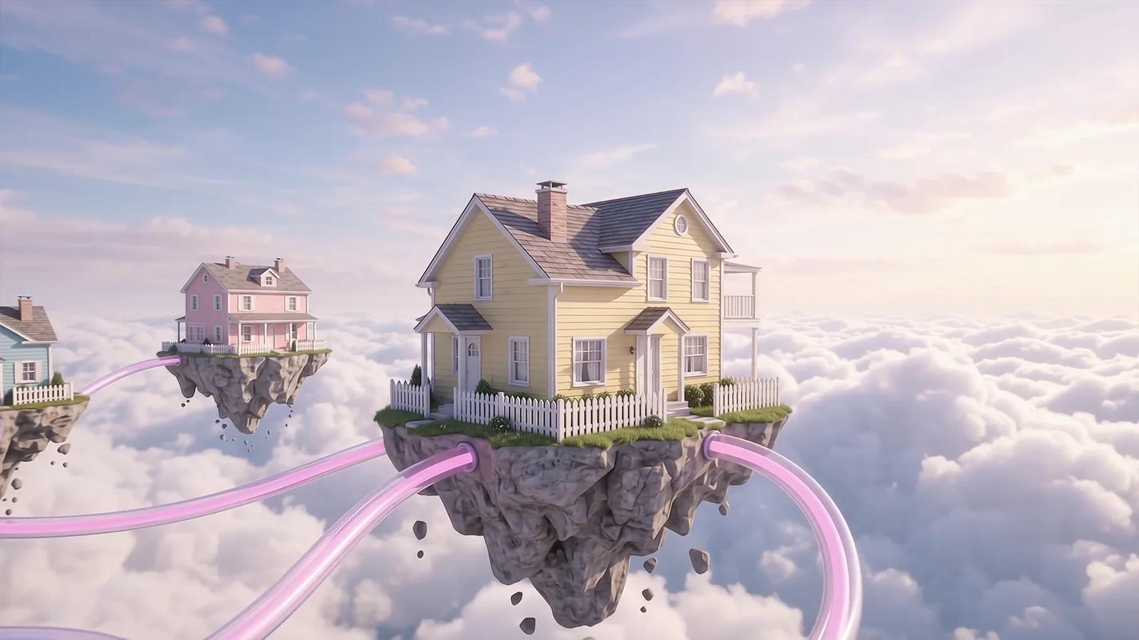 A yellow house on a floating rock above the clouds, with two pink tube slides leaving its garden