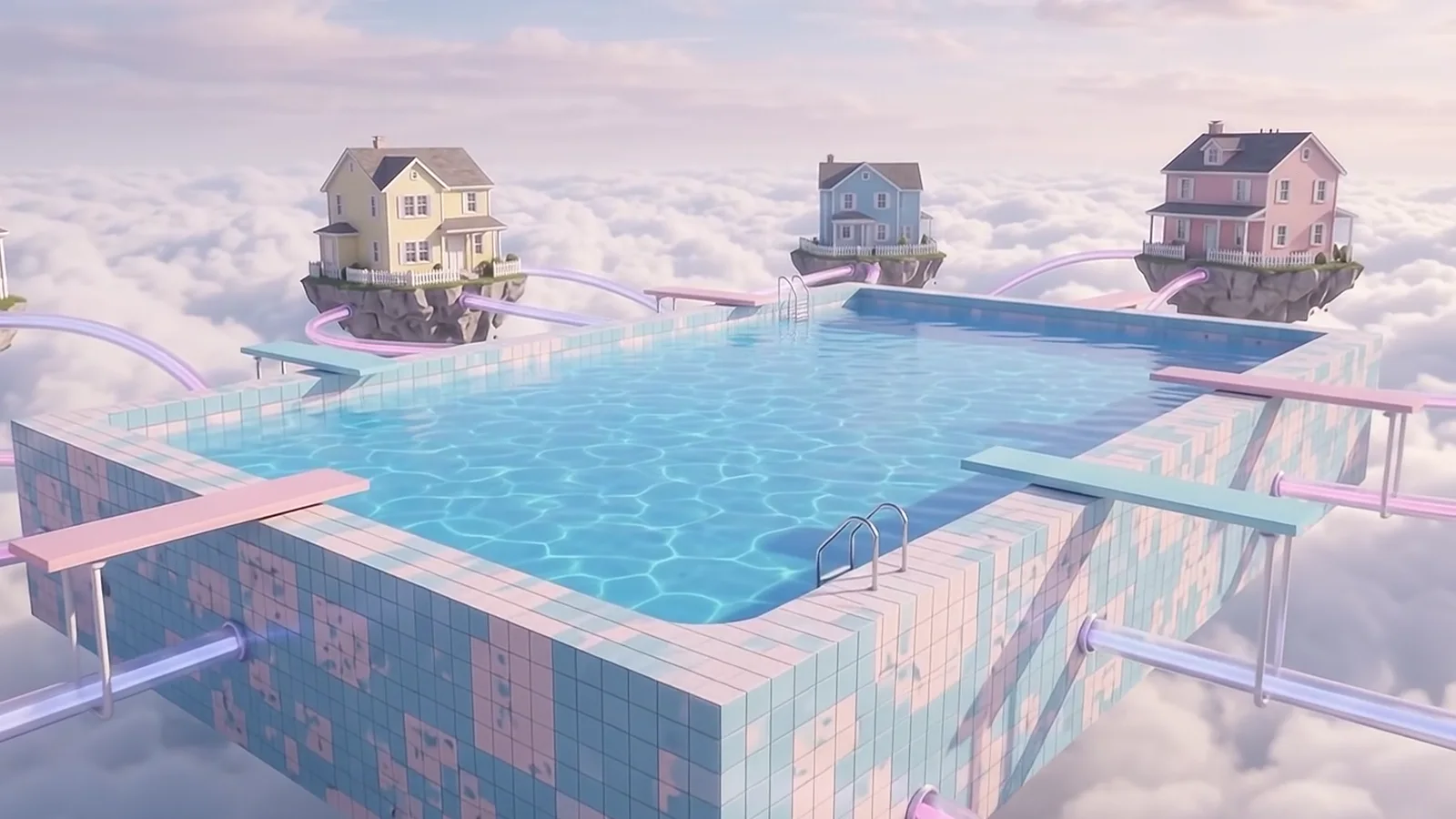 The pool up close: rippling blue water, pink and blue tiles, two diving boards and a ladder