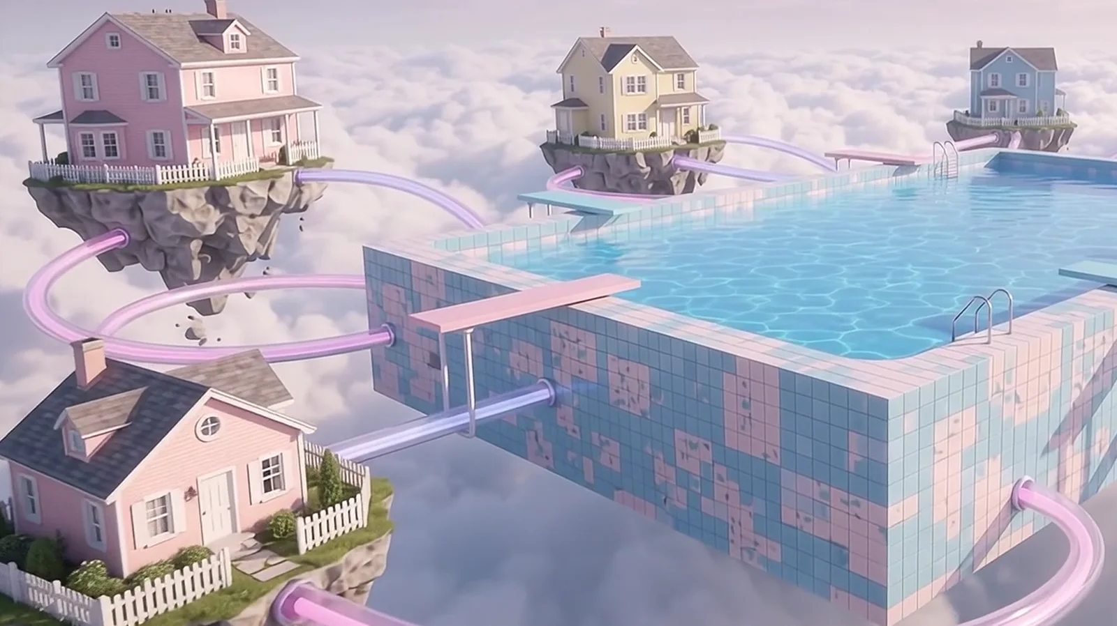 A pink house with a picket fence beside the tiled edge of the pool and a diving board