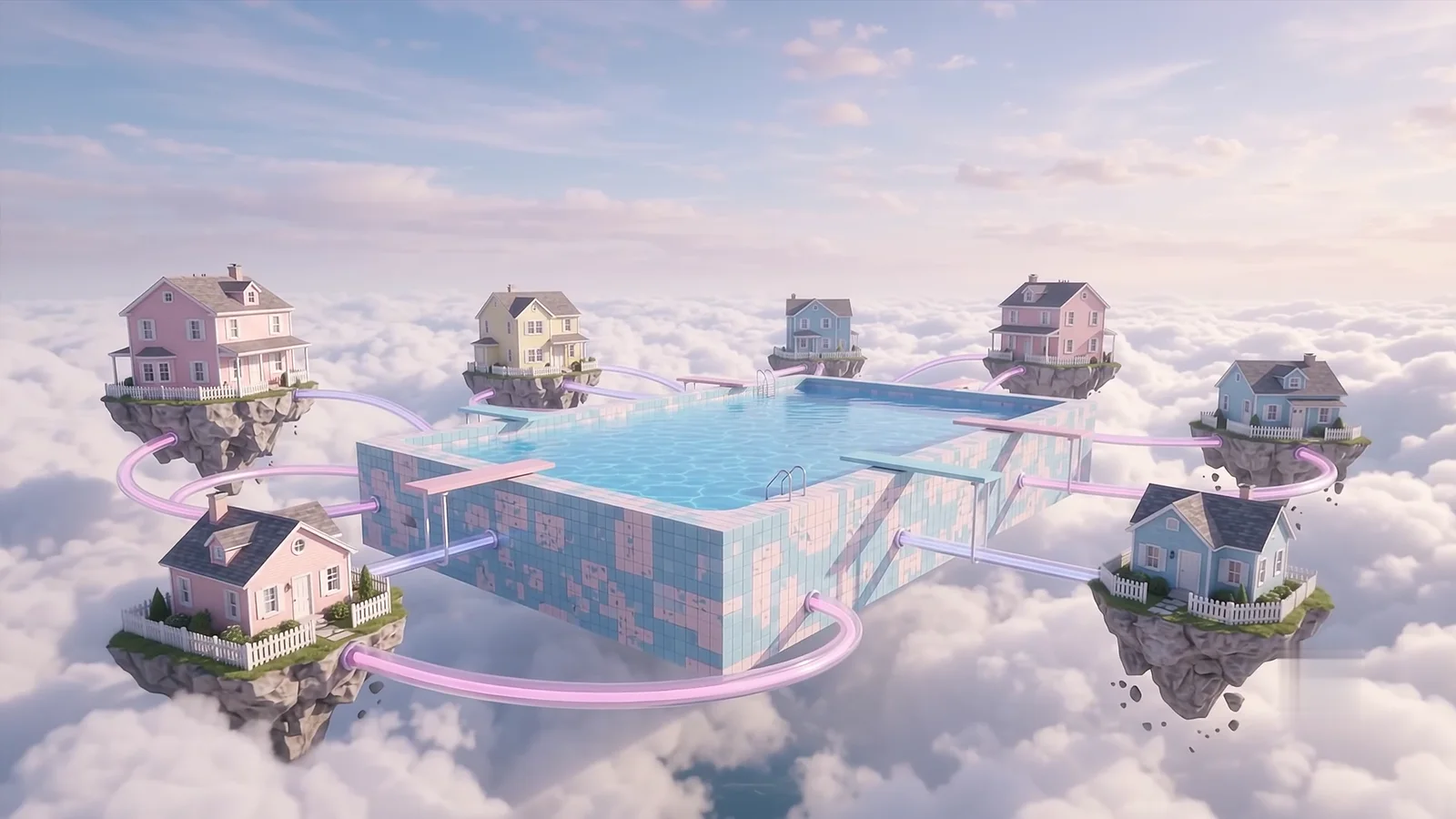 The floating pool from above, ringed by pastel houses on rocks, pink slides curling between them