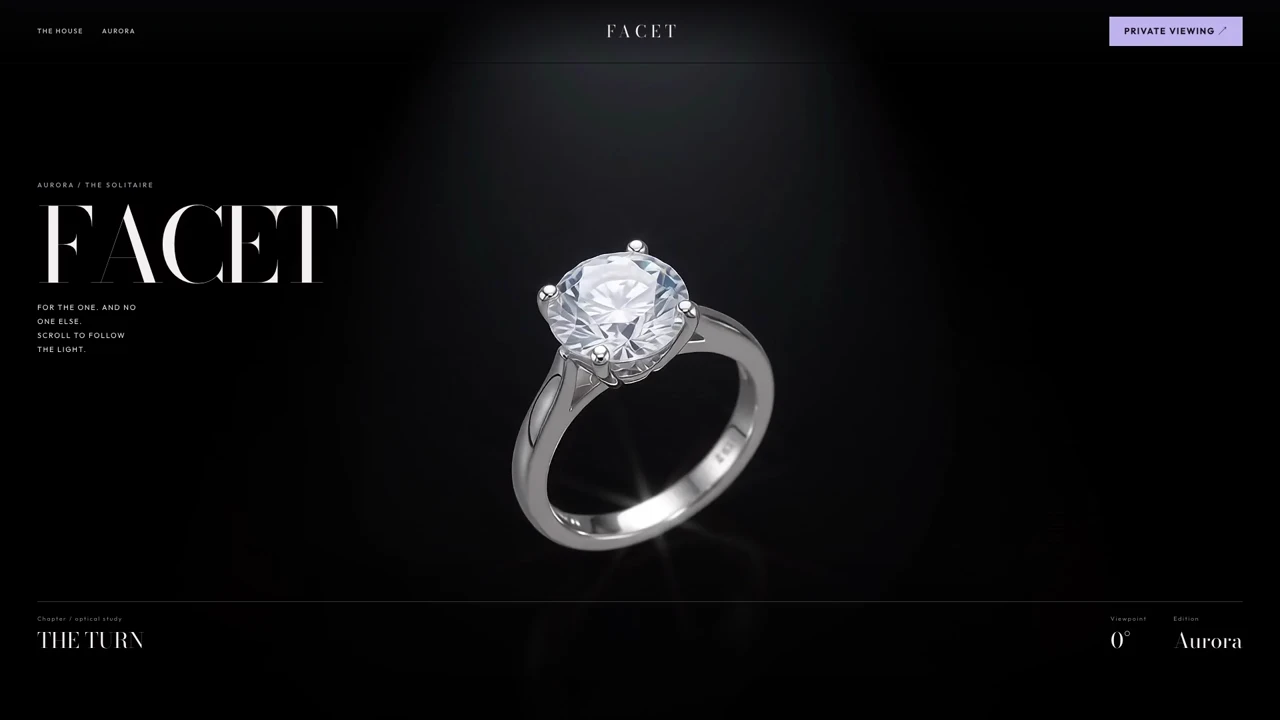 FACET ring and light in a dark luxury product website preview