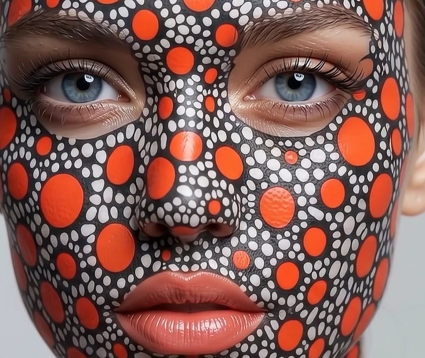 Black, white and orange dots over a face