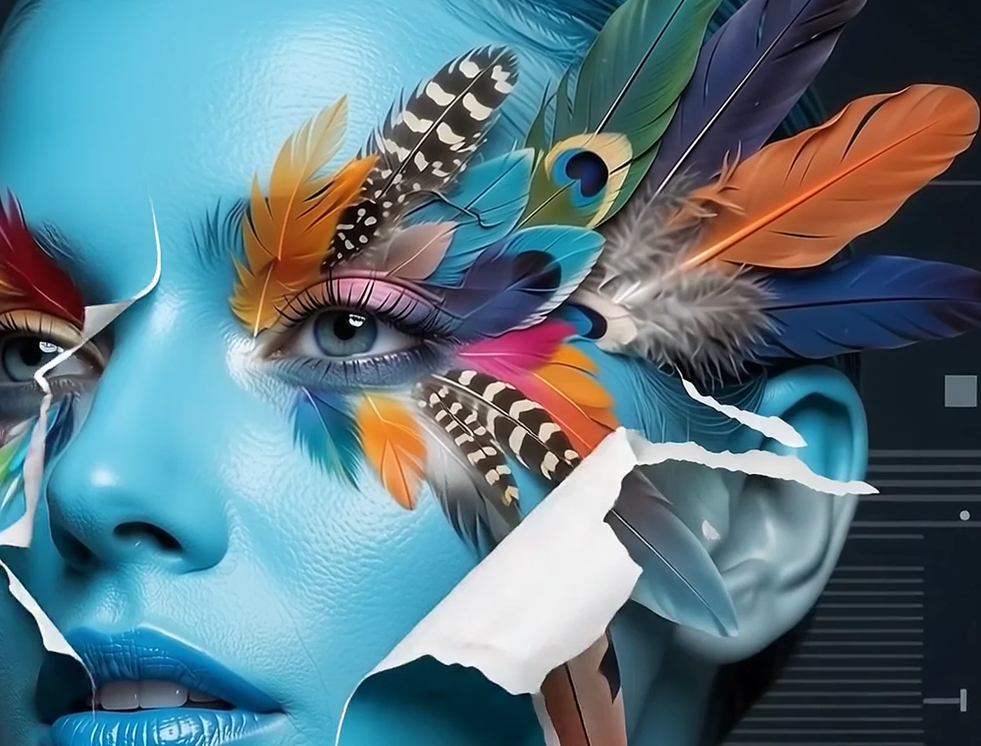 Peacock feathers through torn paper on cyan skin