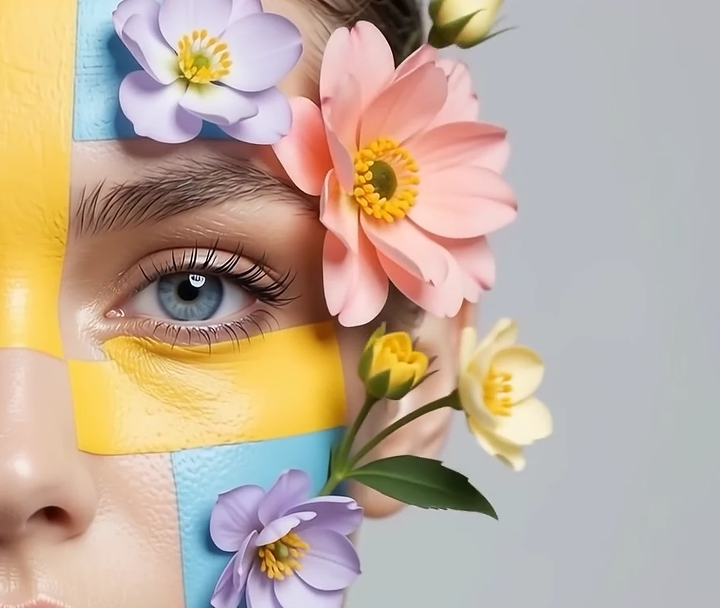 Pink and lilac flowers set on blue and yellow paint