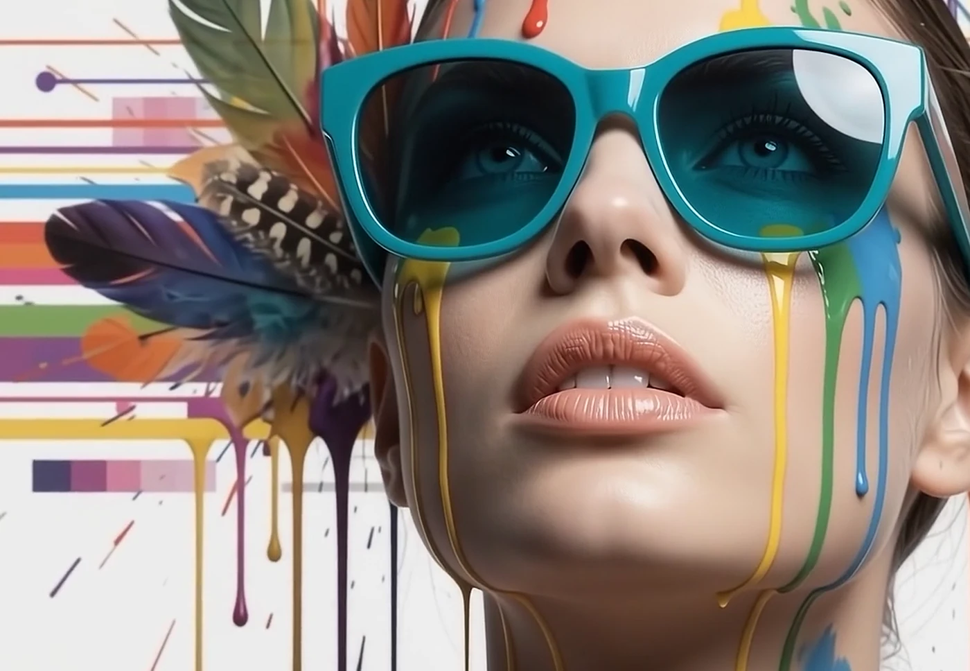 Teal sunglasses and rainbow drips against stripes