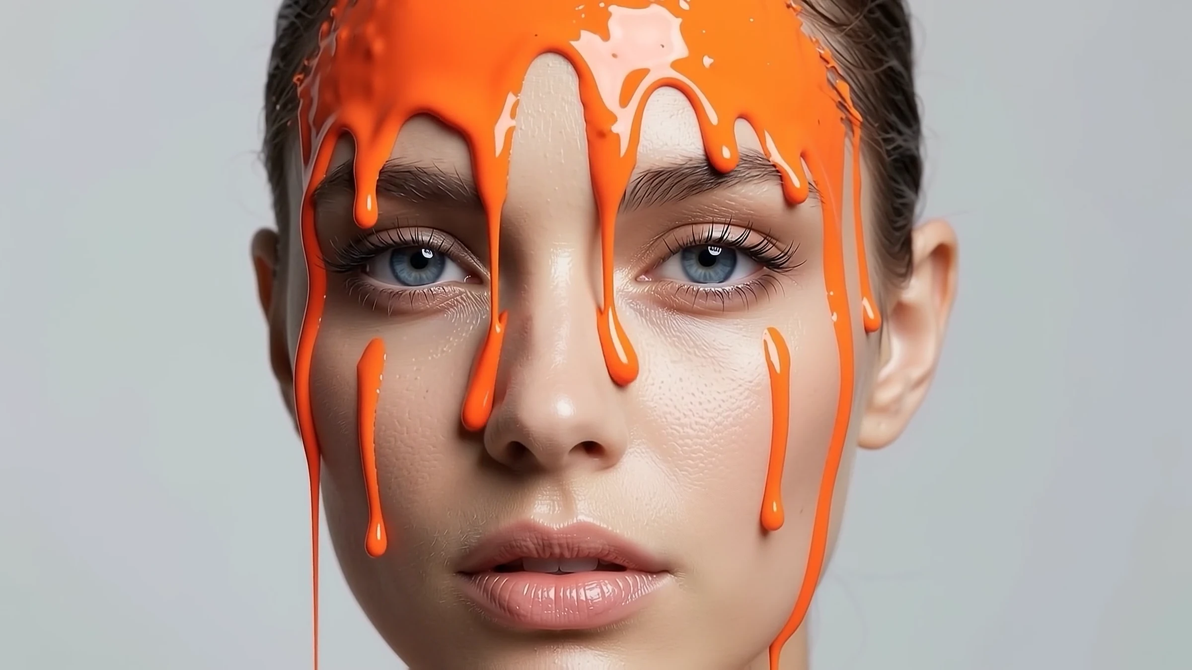 A woman's face with orange paint dripping from the forehead