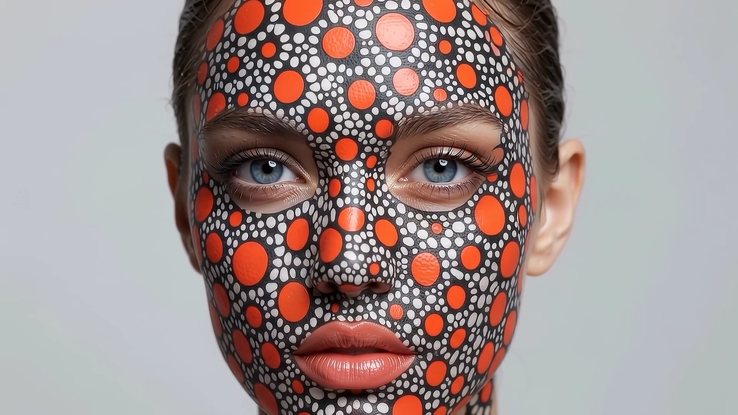 A face covered in black, white and orange dots