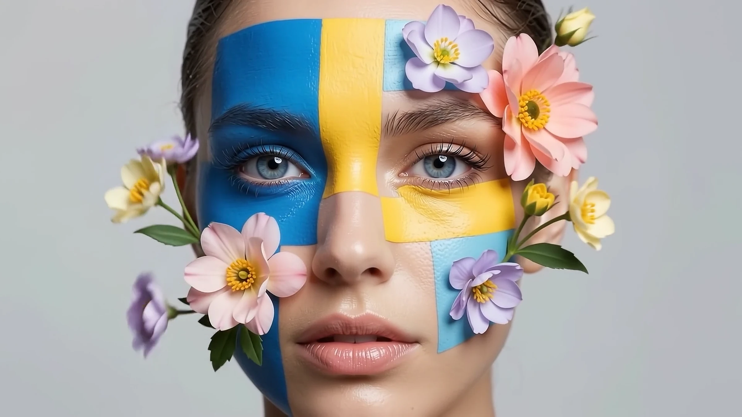 A face painted in blue and yellow blocks with flowers on the cheek and brow