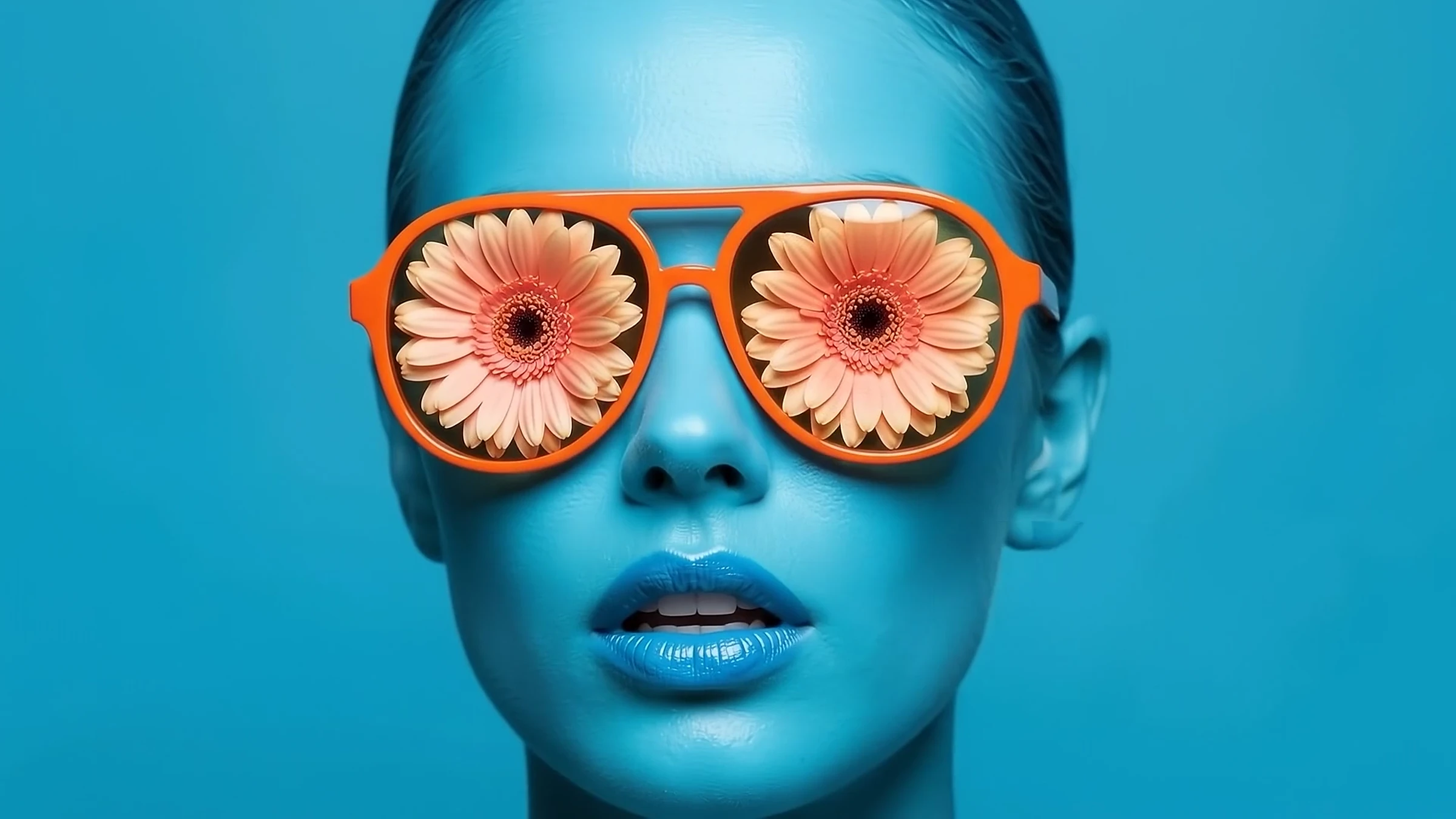 A woman with cyan skin wearing orange glasses with gerbera daisies for lenses
